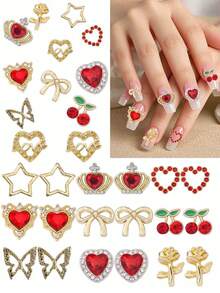 20pcs Heart Shaped Nail Charms, Cherry Blossom Nail Art Rhinestones & Millennium Bug Nail Charms, Butterfly Bow Nail Charms, Nail Art DIY Design Metal Nail Rhinestone Jewelry Nails - Red - View 1