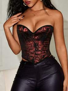 Áo corset dáng croptop Yuwenier cổ điển thêu hoa, viền khăn tay, có gọng, buộc dây phía sau, không lưng, thích hợp cho phụ nữ đi chơi ngày Valentine và dự tiệc theo chủ đề. - Màu Đỏ Sâu - Xem 3