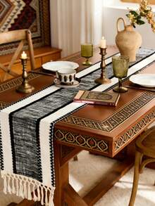 1 Piece Middle Eastern Islamic Style Geometric Zigzag Woven Table Runner, Black/White/Yellow Pattern With Fringed Edge, Durable Woven Material Table Decor, Ideal For Ramadan Festival & Traditional Dining Room, Matching With Carved Wooden Table & Copper Tea Set To Create Rich Cultural Atmosphere - Multicolor - View 7
