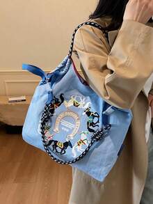 女士手提包，大容量防水帆布刺绣托特包，个性化图案便携式单肩托特包