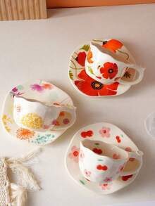 ins风手绘花卉咖啡杯碟套装，少女樱花牡丹陶瓷杯，优雅下午茶餐具，家用早餐杯