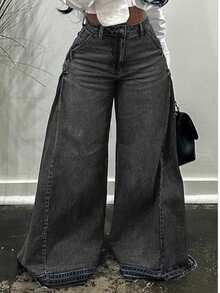 Womens Loose Wide Leg Flare Jeans Side Wide Design High Waist Comfort Denim Pants  Casual Fashion Vintage Style Plus Size Stretchy Soft Material Classic Blue Black Washed Distressed Lightweight Breathable Skinny Bootcut Retro Chic Streetwear Everyday Wear Staple Wardrobe Essential Must Have Popular Best Seller Top Rated (Non-Stretch ) - 灰色 - 查看 4