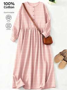 女士复古撞色格纹长袖连衣裙，宽松休闲秋季长裙 - 粉色 - 查看 2