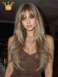 26 Inch Ombre Gold Long Straight Wig With Bangs, Heat Stylable, Suitable For Women's Daily Wear, Party, New Year And Everyday Use