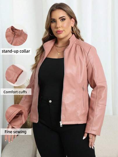 Giolshon Women Plus Size Casual Fashion Riding Jacket, Suitable For Commuting And Street Photography, Faux Leather Jacket For Autumn/Winter And Spring Pink