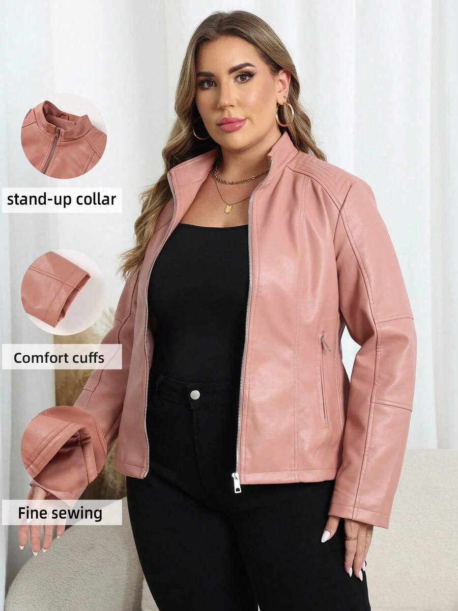 Áo khoác nữ cỡ lớn Giolshon thời trang thường ngày, phù hợp cho việc đi lại và chụp ảnh đường phố, áo khoác giả da cho mùa thu/đông và xuân, màu hồng. - Hồng - Xem 1