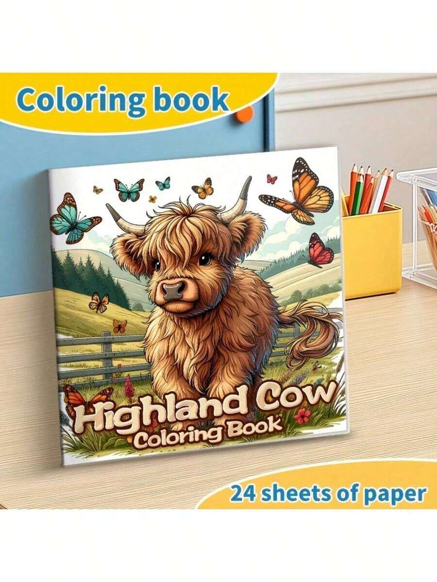 1 Highland Cow Coloring Book, 24 Single-Sided Patterns, 20.07x20.07cm, Thick Smooth Paper, Relaxing, Ideal Gift For Birthdays And Holiday Parties - Single Piece - View 1