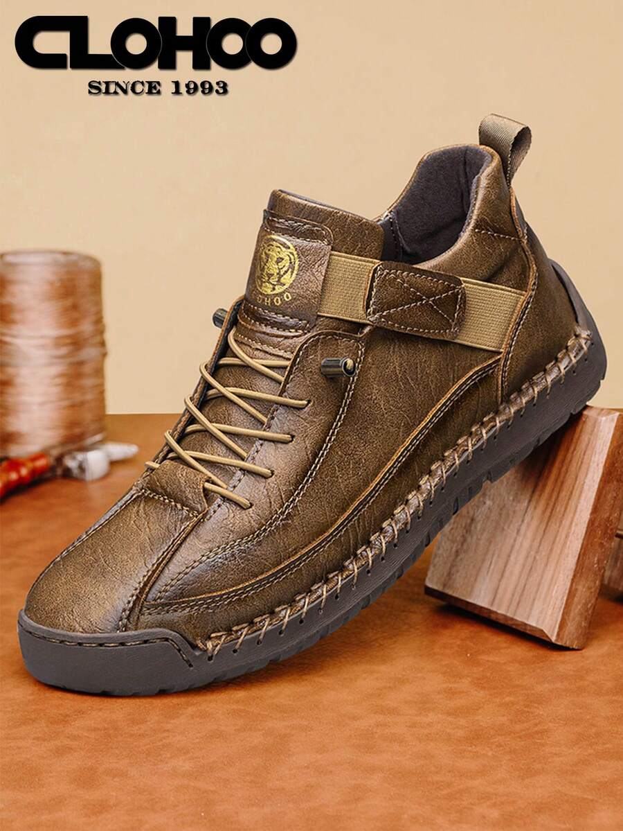 CLOHOO Brand Handmade Men's Shoes, Men's Casual High-Top Sneakers, Rubber Sole Breathable Comfortable Men's Ankle Boots, Handcrafted Outdoor Wear Men's Shoes, Provide Plus Size, Fashionable Youth Comfortable High-Top Men's Boots, Classic Style Men's Ankle Boots With Eyelets - Khaki - View 1