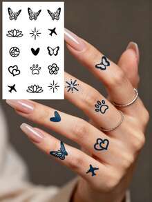 4片装草本汁液纹身贴纸，半永久魔法纹身贴纸，灵感源自浪漫清新的蝴蝶、莲花、爱心、星星、飞机、蛇、月亮、行星图案，适合情人节、嘉年华等节日礼物，简约风格，持久14天，不干裂，适合单身派对、节日等场合，不反光，可贴于手指、手腕、胸部、腹部、背部、肩膀、颈部、手臂等身体部位，临时纹身贴纸，仿真纹身。 - 藍色 - 查看 5