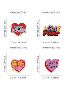 1/4件装 女孩力量爱心字母系列，合金油滴徽章服装配饰，趣味徽章，胸针，帽针，背包徽章，包包挂饰 - 彩色 - 查看 4