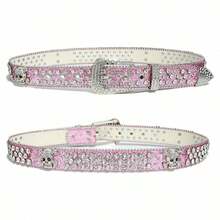 1pc Y2K Glitter Rhinestone Skull Metallic Studded Belt, Fashion Casual Party Waist Belt For Women, Suitable For Daily Use And Holidays Summer, School Fall, Autumn, Halloween - Hồng - Xem 2