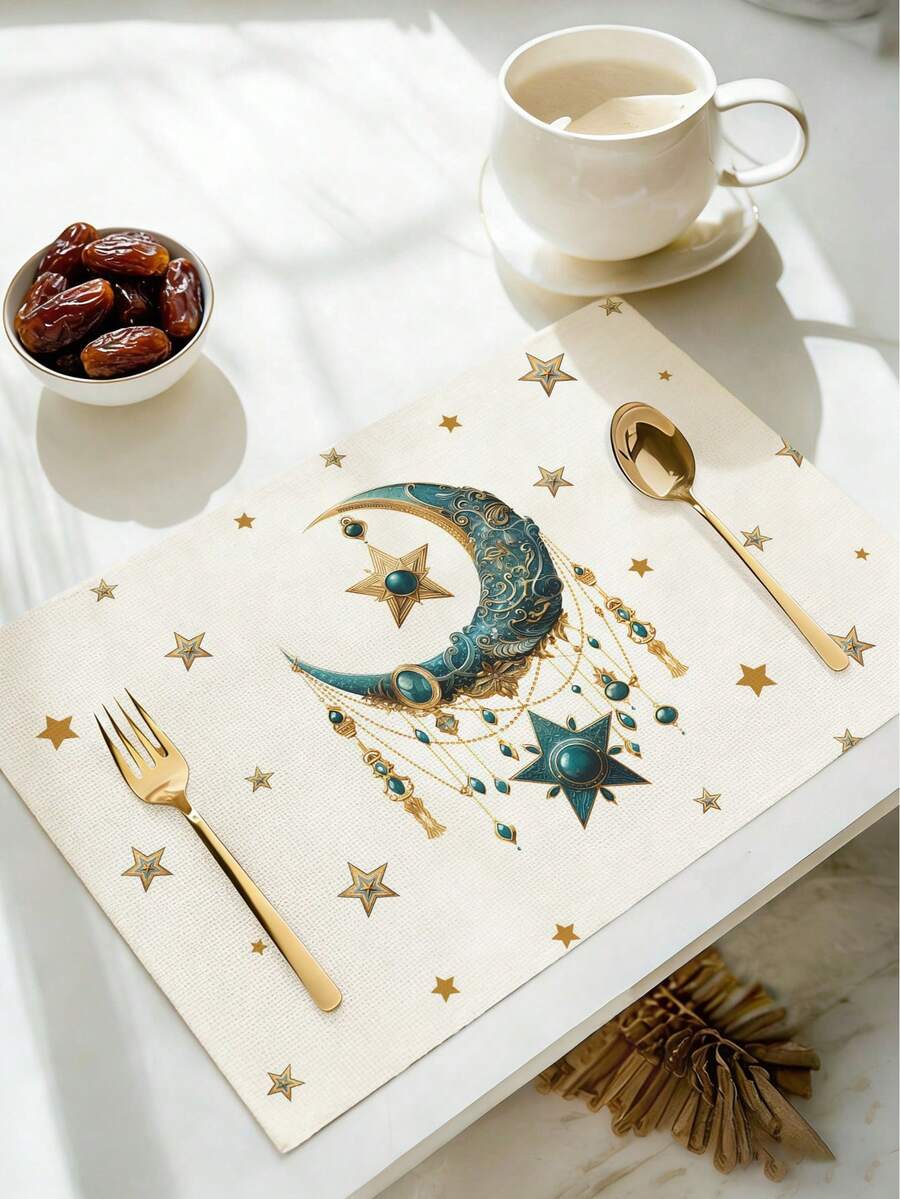 4/6 قطعة من الحصائر المستطيلة المنسوجة من البوليستر، بتصميم القمر والنجوم، ديكور طاولة الطعام والحفلات المنزلية، بمقاس 30*45 سم، عازلة للحرارة، مناسبة للمطبخ والاستخدام الداخلي والخارجي