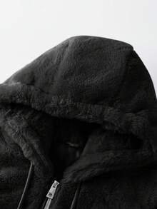 Plus Size Women Faux Fur Jacket, Fuzzy Felt Hat, Cinched Waist, With Pockets, Suitable For Autumn & Winter - Black - View 8