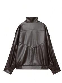 Camellia New Autumn/Winter Women's Fashion European & American Style Minimalist Versatile Litchi Texture Leather Jacket, High-End Outerwear - Brown - View 7