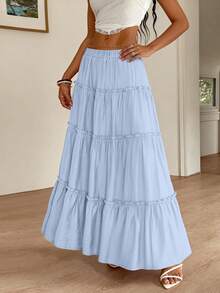 Women's Spring And Summer Boho Maxi Skirts For  Long Flowy A Line Tiered Skirt Beach Vacation Clothes Easter Sky Blue Dress - Màu xanh da trời - Xem 3
