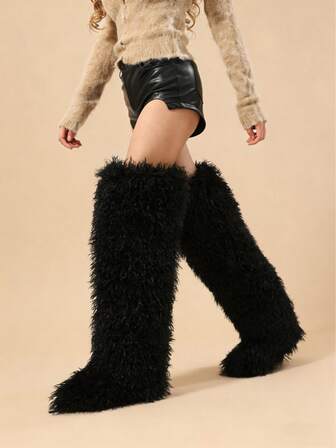 Plus Size Fashion Snow Boots For Autumn/Winter, Outdoor Super High Shaft Faux Fur Lined Thigh High Snow Boots