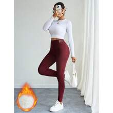Autumn/Winter Thermal Lined Leggings, Casual High Waist Skinny Pants, Elastic Sherpa Skinny Yoga Pants, Warm & Comfortable - Màu Đỏ Sâu - Xem 2