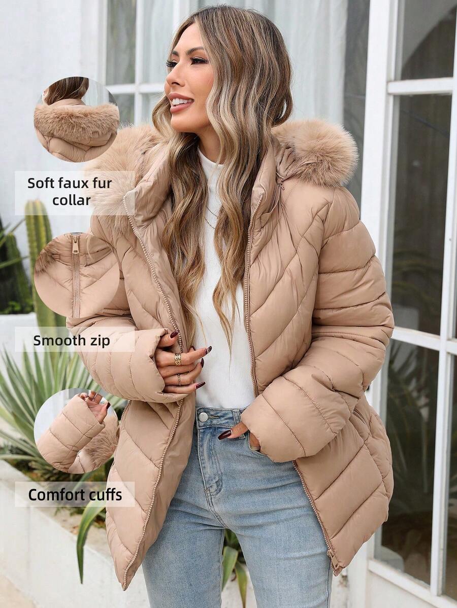 Tragen Sie diesen Winter unsere Damen Große Größen Daunenjacke mit Kapuze, warm und bequem - perfekt für Outdoor-Abenteuer, und sie hat Taschen! - Aprikosenfarben - Übersicht 1