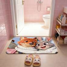 迪士尼疯狂动物城防滑浴室垫，印有可爱的卡通人物尼克和朱迪，速干吸水硅胶软垫，防滑硅胶材质，易于清洁，适用于浴室和玄关，疯狂动物城主题家居装饰，也适用于客厅、卧室、瑜伽室、浴室、户外地毯、门垫，夏季必备家居装饰品 - 彩色 - 查看 2