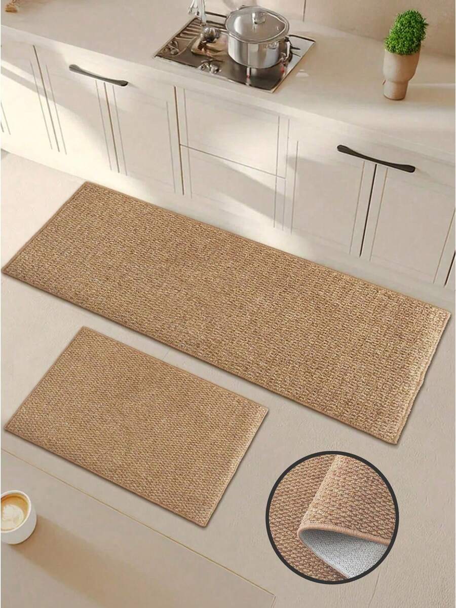 【热销】7毫米厚仿黄麻防水防滑厨房地垫，纯色图案，丝滑无印花地毯，易于清洁，包边设计，简约风格厨房地毯，适用于厨房、浴室、洗衣房、走廊、客厅等场所。 - 駝色 - 查看 1