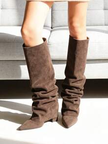 Knee High Fold Over Shark Boots For Women Slouchy Pointed Toe Block Thick High Heels Pull On Fashion Punk Pleated Boots Woman - Chocolate Brown Suede - View 1