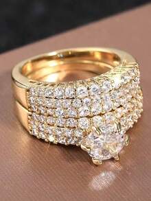 1 Set New Creative Copper Material Zirconia Stone Couple Rings, Suitable For Commuting, Engagement, Party Wear - Ring Set - View 6
