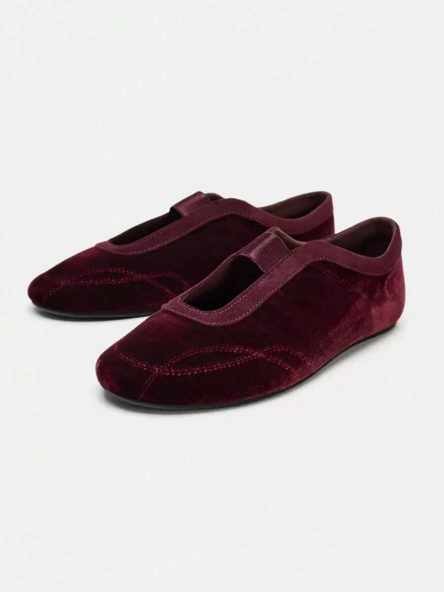 女士冬季新款绗缝天鹅绒效果运动休闲芭蕾平底鞋 - 酒紅色 - 查看 1