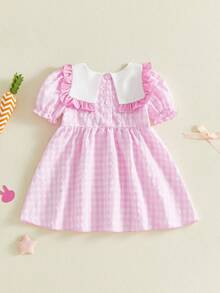 Ddler Baby Girl Easter Outfits Spring Summer Plaid Gingham Dress Bunny Embroidery Round Neck Short Sleeves Bow Dress Cute Clothes - 粉色 - 查看 7