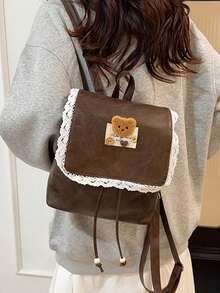 1 Diseño de mochila mini estilo Lolita dulce, decoración de oso de peluche + ribete de encaje, tela suave, ligera, cierre de cordón, adecuada para salidas y citas con amigos en primavera/otoño - Multicolor - Ver 6