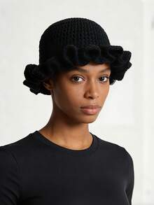 1pc Bohemian Rose Red Pleated Solid Color Knit Hat, Black Brimmed Hat, Bohemian Style, Casual Cute Elegant Retro Street Style Hollow Knit Fisherman Hat, Autumn/Winter Knit Fisherman Hat, Suitable For Valentine's Day, Christmas, Holiday Gifts