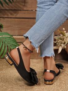 Black Pointed Toe Flat Shoes With Bowknot Design, Hollow-Out Loafers With Metal Plate Sole, Elegant Casual Slip-On Shoes For Spring/Autumn - Black - View 5