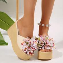Women's Bow Decor Thick Sole Wedge Slide Sandals, Lightweight Open Toe Casual Beach Outdoor Slippers - White - View 7