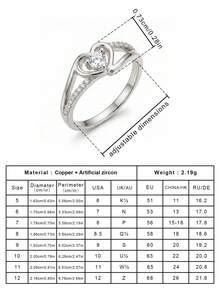 优雅浪漫心形闪亮方晶锆石银戒指，白色 K 镀铜，时尚女士珠宝，适合婚礼、订婚、情人节情侣礼物
