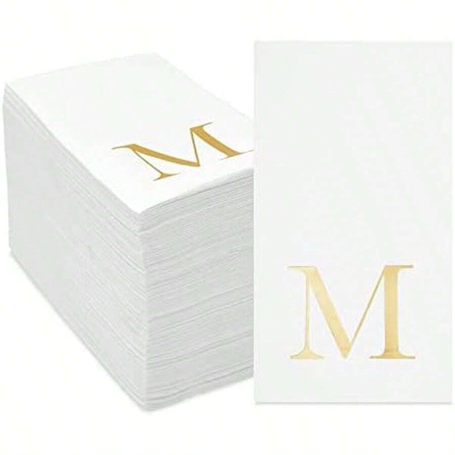 Sparkle and Bash M - Servilletas de papel para invitados - 4 x 8 pulgadas, 3 capas, blanco y dorado, 100 unidades, servilletas con inicial letra M para recepción de bodas y uso en fiestas - M - Ver 1