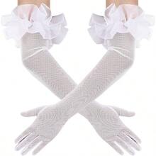 Women's Long Puff Sleeve Oversize Ruffle Cuff Sheer Gloves Tulle Mesh Gloves Wedding Opera Party Costume Gloves - 白色 - 查看 1