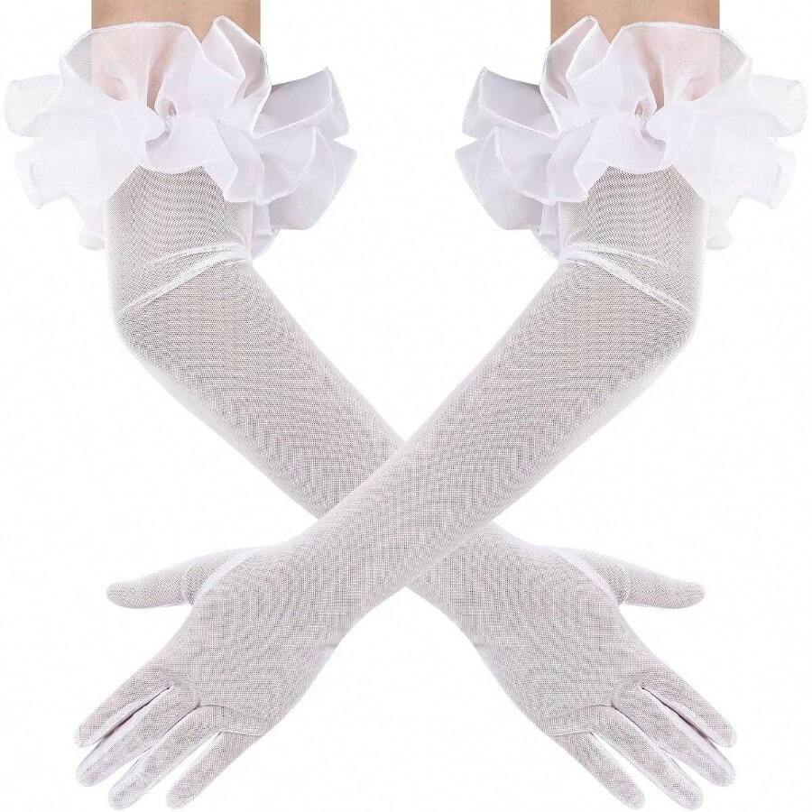Women's Long Puff Sleeve Oversize Ruffle Cuff Sheer Gloves Tulle Mesh Gloves Wedding Opera Party Costume Gloves - 白色 - 查看 1