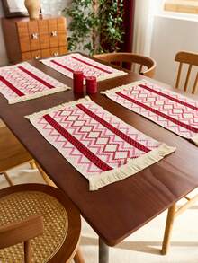 情人节浪漫风红粉条纹长方形双流苏边饰耐磨餐桌餐垫 1/4/6/8 件装 装饰餐垫 适用于情侣约会餐桌、情人节庆祝盛宴、冬季室内温馨晚餐、全年浪漫主题餐厅装饰