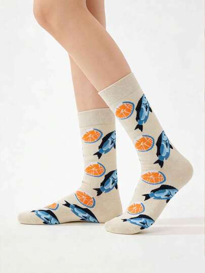 1 Pair Ocean Fish Mid-Calf Socks, Minimalist & Versatile Long Socks, Unisex Couples Socks Suitable For Daily, Casual, Outdoor Sports Wear