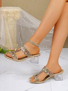 新款水晶装饰派对沙滩坡跟凉鞋，时尚百搭水钻露趾粗跟波西米亚风拖鞋 - 金色 - 查看 3