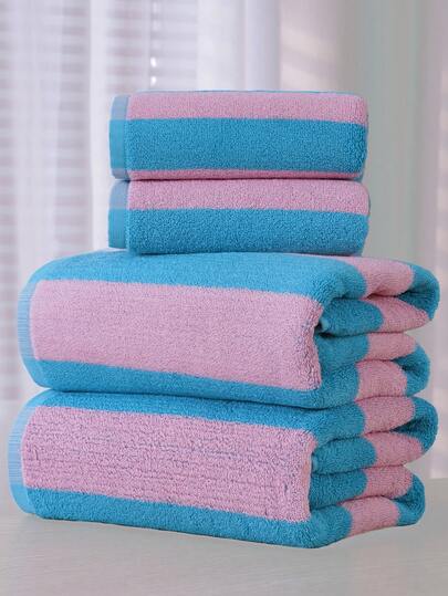 QIBHI 3/1pc Colorful Striped 100% Cotton Absorbent Towel (34*75cm) / Bathroom Bath Towel 70*140cm/Terry Towel, Suitable For Bathroom, Hotel, Gym, Travel, Gift, Salon, Sports, Outdoor, Beach, School, Back To School, Travel Accessories, Home Essentials, Towel, Skin Care