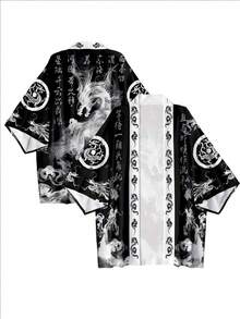 男士休闲武士和服衬衫 - 七分袖，轻薄涤纶面料，日式传统风格，龙纹印花，适合海滩或街头穿着，中国尺码，请仔细查看尺码指南 - 黑色 - 查看 1