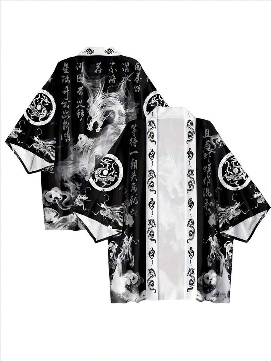男士休闲武士和服衬衫 - 七分袖,轻薄涤纶面料,日式传统风格,龙纹印花,适合海滩或街头穿着,中国尺码,请仔细查看尺码指南 - 黑色 - 查看 1