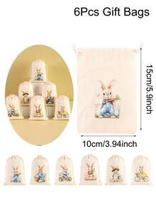 6个复活节礼品袋 - 趣味兔子图案棉质束口礼品袋，可重复使用，适用于派对礼品包装、家居复活节装饰、珠宝收纳袋、春夏假日派对礼物包装用品