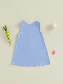 Toddler Baby Girl Easter Bunny Dress Rabbit Embroidery Sleeveless Tank Dress Infant Spring Family Photo Outfits - Màu xanh lam - Xem 2