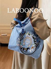 女士手提包，大容量防水帆布刺绣托特包，个性化图案便携式单肩托特包