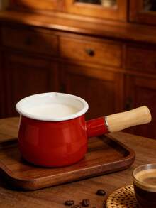 1pc 4-Inch Mini Enamel Milk Pot And Butter Warmer - Wooden Handle Small Skillet, Perfect For Heating Small Liquid Portions, White, Kitchen Essential | Stylish Kitchenware | Durable Enamel With Insulated Wooden Handle, Dual Spouts, Adorable Food Warmer, Mini Butter Pot Baby Food Pot Can Be Used For Frying And Cooking, Dual Spout, Mini Insulated Cute Stew Pot, Ideal For Heating Small Liquid Portions