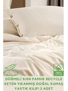 Buttoned Pillowcase Set – Natural Ecru, 100% Cotton Linen, Washed Natural Fabric, 50x70 Cm, Set Of 2 | Made In Turkey - Creamy White - View 3