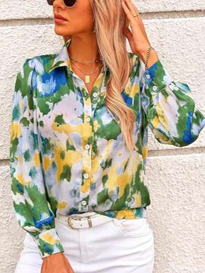 女士印花V领灯笼袖休闲衬衫