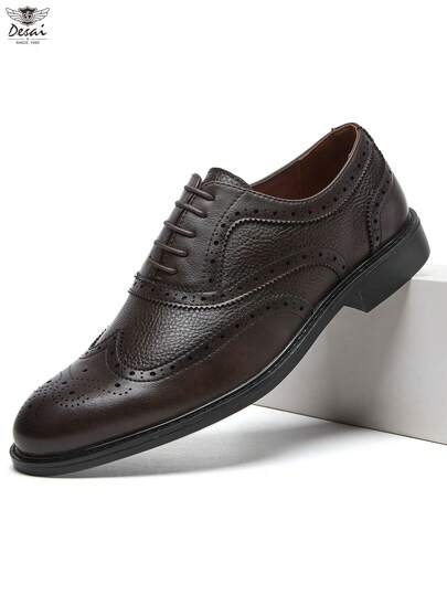  Desai Vintage British Style Brogue Carved Shoes, Full Leather Perforated Derby Shoes, Glossy Leather Business Dress Shoes Suitable For Suits, Workplace, Interviews, Weddings And Other Formal Occasions, Comfortable Commuting Shoes
