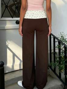 Women's Lightweight Soft Lounge Pants Floral Print Fold Over Waist Wide Leg Trousers For Vacation Home - Màu nâu - Xem 6